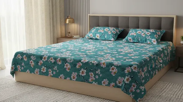 Cotton_Blend_King_Flat_400_TC_Floral_1_Summer_Bedsheet_with_2_Pillow_Covers_(Dark_green)