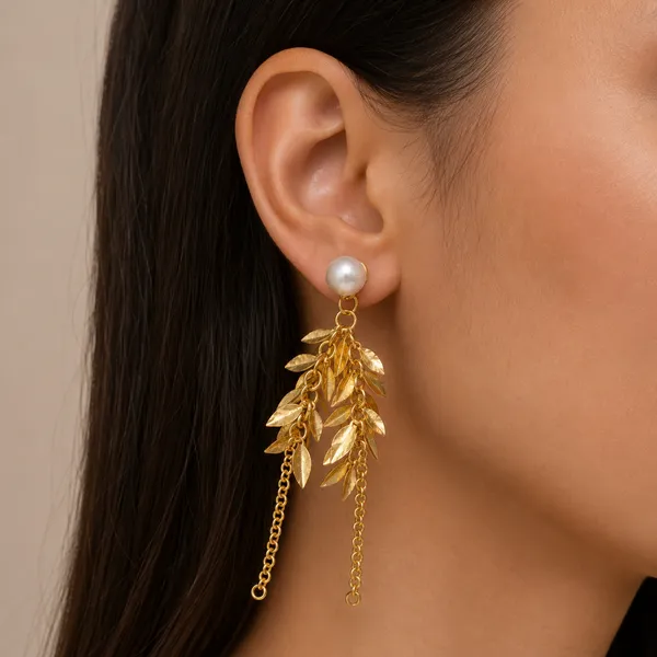 Pearl_Gold_Leaf_Tassel_Statement_Earrings
