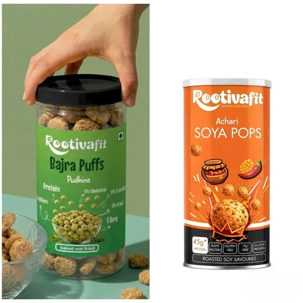 Rootivafit_Bajra_Puffs_(Pudhina_Flavor)_Baked_Healthy_Snack_And_Rootivafit_Soya_Pops_(Achari_Flavor)_Roasted_Soy_Savouries_(45G_Protein,_Plant_Protein_)_Combo_Pack_Of_2