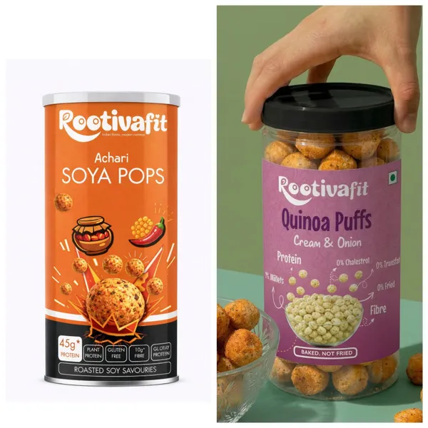 Rootivafit_Quinoa_Puffs_(Cream_And_Onion_Flavor)_And_Rootivafit_Soya_Pops_(Achari_Flavor)_Roasted_Soy_Savouries_(45G_Protein,_Plant_Protein_)_Combo_Pack_Of_2