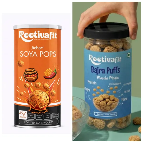 Rootivafit_Bajra_Puffs_(Masala_Magic_Flavor)_And_Rootivafit_Soya_Pops_(Achari_Flavor)_Roasted_Soy_Savouries_(45G_Protein,_Plant_Protein_)_Combo_Pack_Of_2