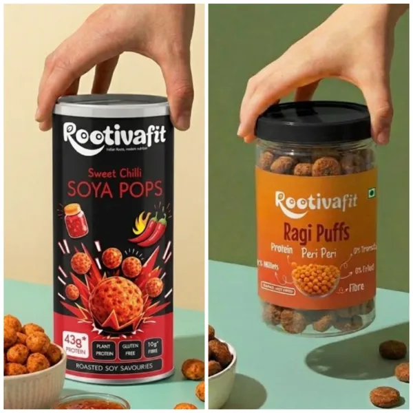 Rootivafit_Ragi_Puffs_(Peri_Peri_Flavor)_And_Rootivafit_Soya_Pops_(Sweet_Chilli_Flavor)_Roasted_Soy_Savouries_(43G_Protein,_Gluten_Free,_High_Fibre)_Combo_Pack_Of_2