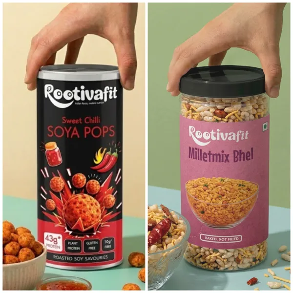Rootivafit_Millet_Mix_Bhel_And_Rootivafit_Soya_Pops_(Sweet_Chilli_Flavor)_Roasted_Soy_Savouries_(43G_Protein,_Gluten_Free,_High_Fibre)_Combo_Pack_Of_2