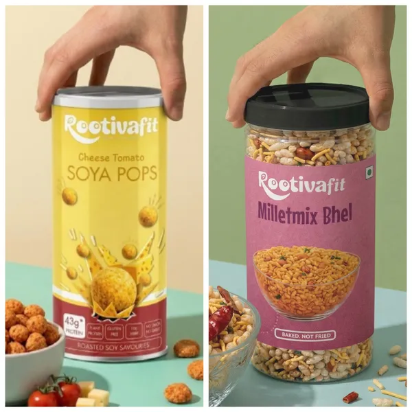 Rootivafit_Millet_Mix_Bhel_And_Rootivafit_Soya_Pops_(Cheese_Tomato_Flavor)_Roasted_Soy_Savouries_(43G_Protein,_Gluten_Free,_High_Fibre)_Combo_Pack_Of_2