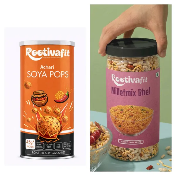 Rootivafit_Millet_Mix_Bhel_And_Rootivafit_Soya_Pops_(Achari_Flavor)_Roasted_Soy_Savouries_(45G_Protein,_Plant_Protein_)_Combo_Pack_Of_2