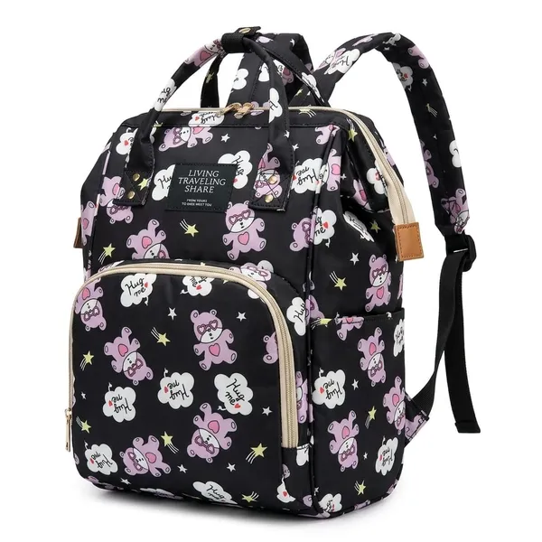 Cute_Teddy_Print_Waterproof_Diaper_Bag_Backpack_|_Large_Capacity_Baby_Care_Bag_with_Multiple_Pockets_|_Stylish_Travel_Maternity_Bag_for_Moms-Black