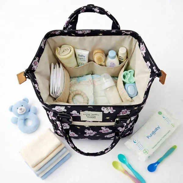 Cute_Teddy_Print_Waterproof_Diaper_Bag_Backpack_|_Large_Capacity_Baby_Care_Bag_with_Multiple_Pockets_|_Stylish_Travel_Maternity_Bag_for_Moms-Black
