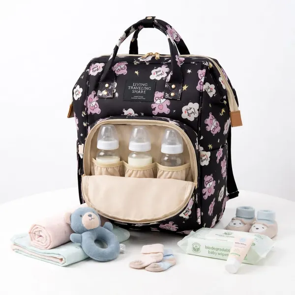 Cute_Teddy_Print_Waterproof_Diaper_Bag_Backpack_|_Large_Capacity_Baby_Care_Bag_with_Multiple_Pockets_|_Stylish_Travel_Maternity_Bag_for_Moms-Black
