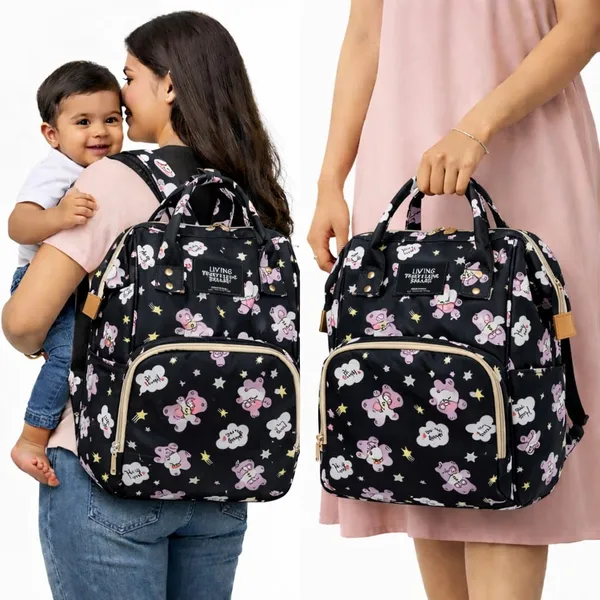 Cute_Teddy_Print_Waterproof_Diaper_Bag_Backpack_|_Large_Capacity_Baby_Care_Bag_with_Multiple_Pockets_|_Stylish_Travel_Maternity_Bag_for_Moms-Black