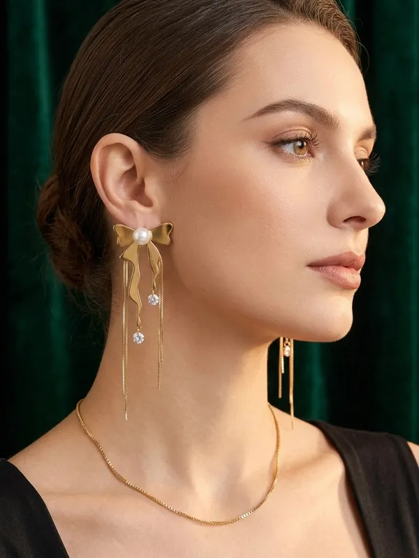 Gold-Tone_Bow_Pearl_Chain_Drop_Earrings_for_Women