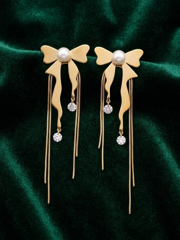 Gold-Tone_Bow_Pearl_Chain_Drop_Earrings_for_Women