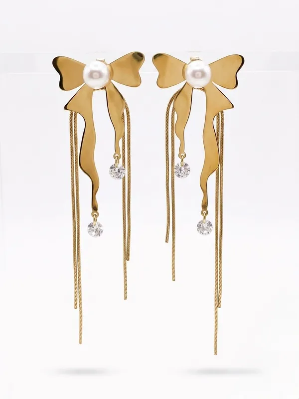 Gold-Tone_Bow_Pearl_Chain_Drop_Earrings_for_Women