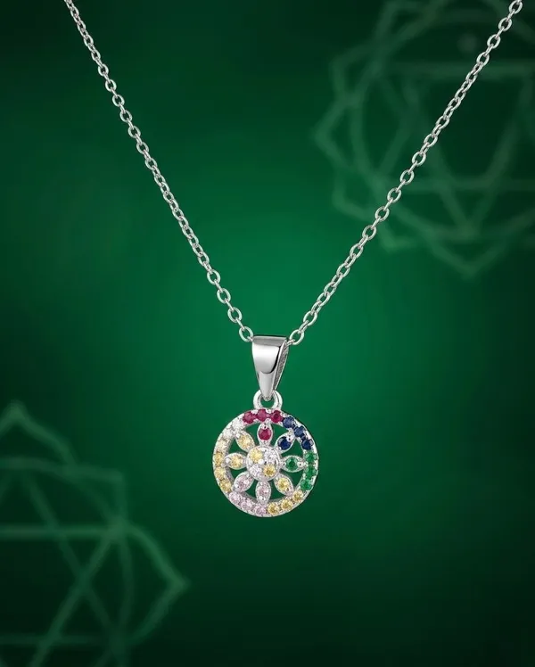 Multicolour_Stone_Round_Floral_Pendant_Necklace_925_Sterling_Silver