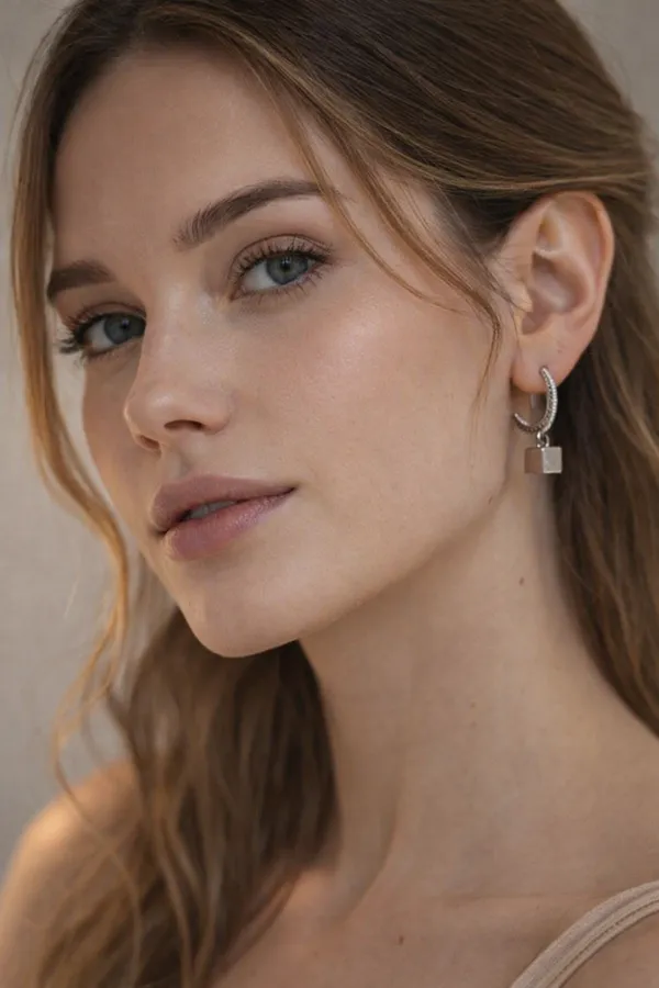 Silver_Hoop_Earrings_With_Black_Cube_Charm