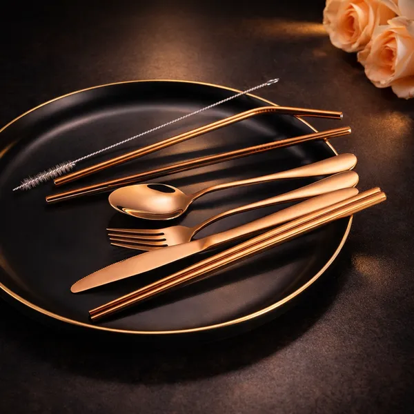 Rose_Gold_Reusable_Stainless_Steel_Cutlery_Set_with_Carry_Pouch__Spoon_Fork_Knife_Chopsticks_And_Straw_Set__Travel_Friendly_Tableware_for_Office_Picnic_Camping