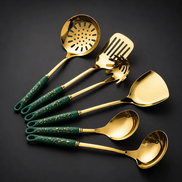 Kitchzengo™_6_PCS_Gold_Kitchen_Utensils_Set_with_Stand_–_Soup_Ladle,_Skimmer,_Pasta_Server,_Turner,_Spatula_&_Spoon_|_Green_Handle_Stainless_Steel_Cooking_Tools