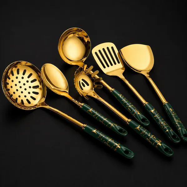 Kitchzengo™_6_PCS_Gold_Kitchen_Utensils_Set_with_Stand_–_Soup_Ladle,_Skimmer,_Pasta_Server,_Turner,_Spatula_&_Spoon_|_Green_Handle_Stainless_Steel_Cooking_Tools
