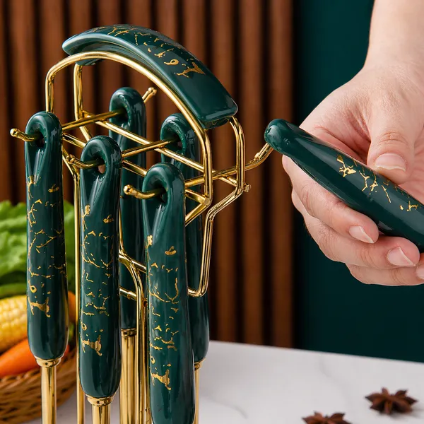 Kitchzengo™_6_PCS_Gold_Kitchen_Utensils_Set_with_Stand_–_Soup_Ladle,_Skimmer,_Pasta_Server,_Turner,_Spatula_&_Spoon_|_Green_Handle_Stainless_Steel_Cooking_Tools