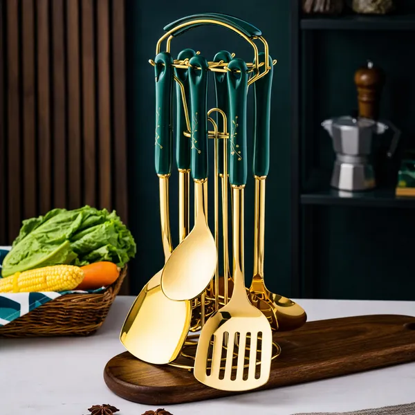 Kitchzengo™_6_PCS_Gold_Kitchen_Utensils_Set_with_Stand_–_Soup_Ladle,_Skimmer,_Pasta_Server,_Turner,_Spatula_&_Spoon_|_Green_Handle_Stainless_Steel_Cooking_Tools