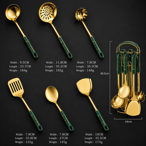 Kitchzengo™_6_PCS_Gold_Kitchen_Utensils_Set_with_Stand_–_Soup_Ladle,_Skimmer,_Pasta_Server,_Turner,_Spatula_&_Spoon_|_Green_Handle_Stainless_Steel_Cooking_Tools