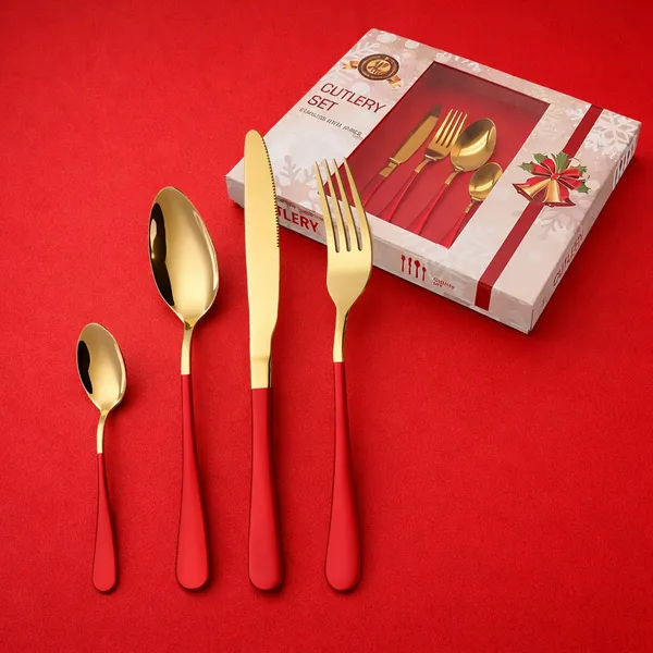 KITCHZENGO™_24_Pcs_Gifting_Cutlery_Set_(Red_&_Gold)_Stainless_Steel_Dinner_Set_|_Premium_Spoon_Fork_Knife_Set_for_Home,_Hotel_&_Gift_Purpose