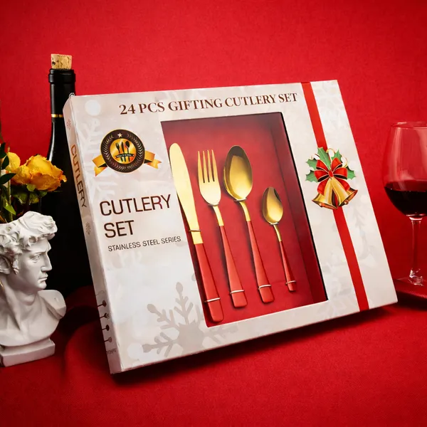 KITCHZENGO™_24_Pcs_Gifting_Cutlery_Set_(Red_&_Gold)_Stainless_Steel_Dinner_Set_|_Premium_Spoon_Fork_Knife_Set_for_Home,_Hotel_&_Gift_Purpose