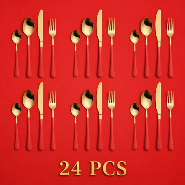 KITCHZENGO™_24_Pcs_Gifting_Cutlery_Set_(Red_&_Gold)_Stainless_Steel_Dinner_Set_|_Premium_Spoon_Fork_Knife_Set_for_Home,_Hotel_&_Gift_Purpose