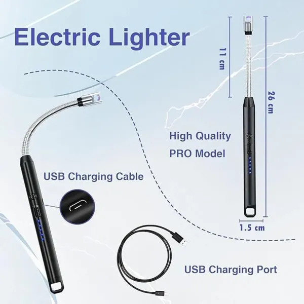 KITCHZENGO_Electric_Rechargeable_Plasma_Gas_Lighter_with_360°_Flexible_Neck,_Type-C_USB_Charging,_Windproof_Arc_Lighter_for_Gas_Stove,_BBQ,_Candles_&_Pooja_Use,_LED_Battery_Indicator,_Safety_Lock,_Black_(Pack_of_1)