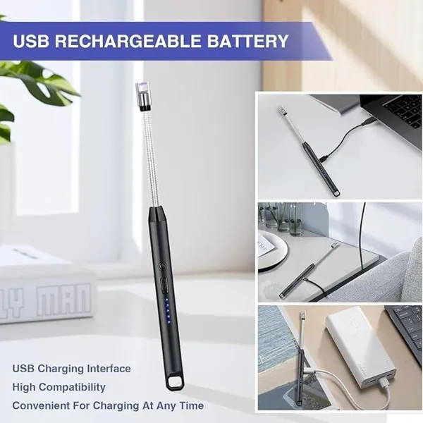 KITCHZENGO_Electric_Rechargeable_Plasma_Gas_Lighter_with_360°_Flexible_Neck,_Type-C_USB_Charging,_Windproof_Arc_Lighter_for_Gas_Stove,_BBQ,_Candles_&_Pooja_Use,_LED_Battery_Indicator,_Safety_Lock,_Black_(Pack_of_1)