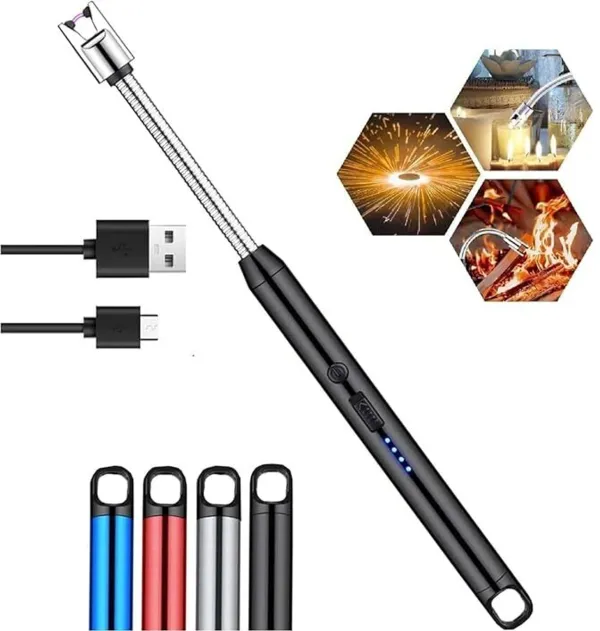 KITCHZENGO_Electric_Rechargeable_Plasma_Gas_Lighter_with_360°_Flexible_Neck,_Type-C_USB_Charging,_Windproof_Arc_Lighter_for_Gas_Stove,_BBQ,_Candles_&_Pooja_Use,_LED_Battery_Indicator,_Safety_Lock,_Black_(Pack_of_1)