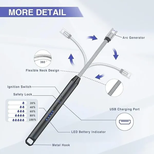 KITCHZENGO_Electric_Rechargeable_Plasma_Gas_Lighter_with_360°_Flexible_Neck,_Type-C_USB_Charging,_Windproof_Arc_Lighter_for_Gas_Stove,_BBQ,_Candles_&_Pooja_Use,_LED_Battery_Indicator,_Safety_Lock,_Black_(Pack_of_1)