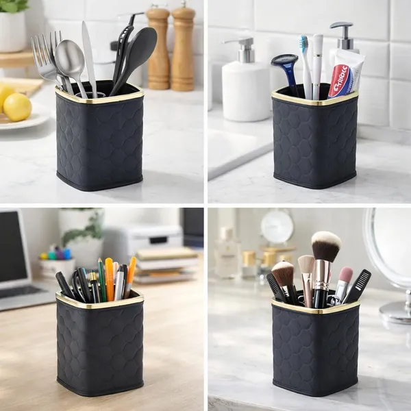 KITCHZENGO™_4_Compartment_Plastic_Multipurpose_Holder_with_Gold_Rim_–_Makeup_Brush,_Toothbrush,_Cutlery_&_Desk_Organizer