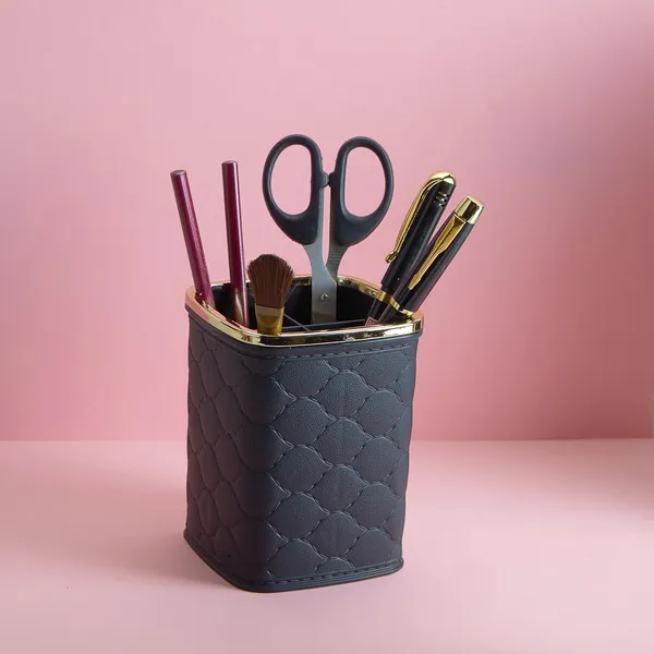 KITCHZENGO™_4_Compartment_Plastic_Multipurpose_Holder_with_Gold_Rim_–_Makeup_Brush,_Toothbrush,_Cutlery_&_Desk_Organizer