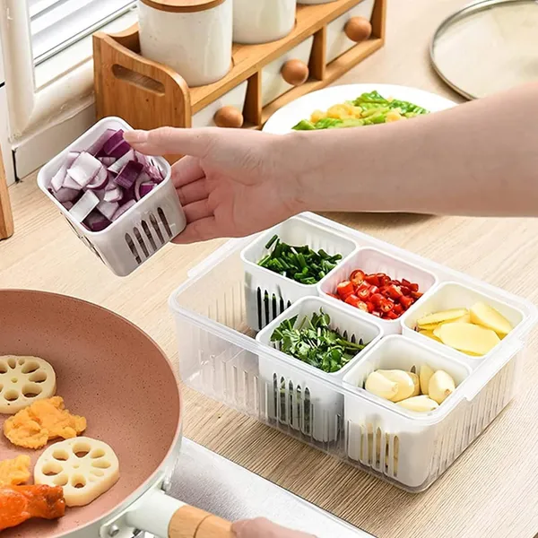 KITCHZENGO™_6-in-1_Fridge_Storage_Container_with_Removable_Bins,_Multipurpose_Vegetable_&_Spice_Organizer_Box_with_Lid,_Kitchen_Storage_Box_for_Fruits,_Veggies_&_Seasoning_(Transparent)