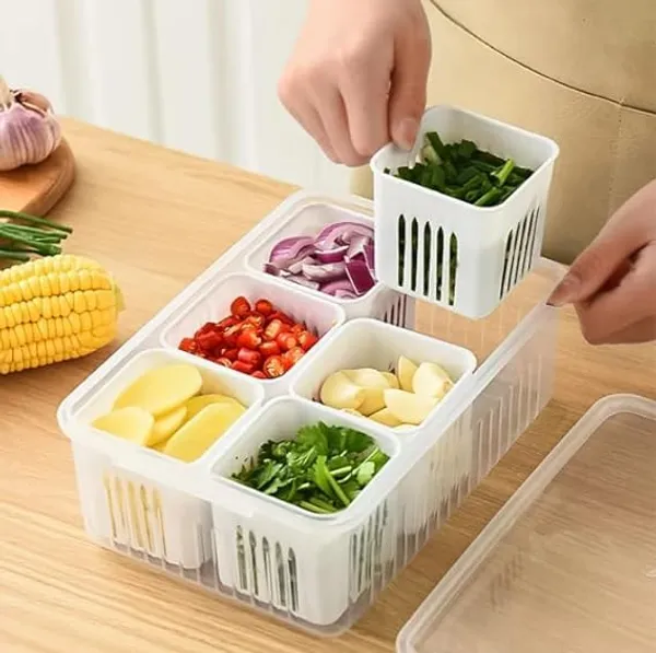 KITCHZENGO™_6-in-1_Fridge_Storage_Container_with_Removable_Bins,_Multipurpose_Vegetable_&_Spice_Organizer_Box_with_Lid,_Kitchen_Storage_Box_for_Fruits,_Veggies_&_Seasoning_(Transparent)