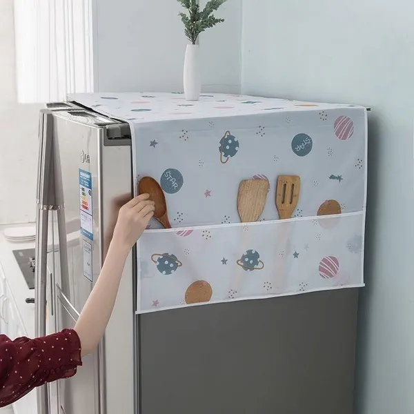 KITCHZENGO™_Fridge_Cover_54x130_cm,_Waterproof_&_Dustproof_Refrigerator_Top_Cover_with_Storage_Pockets,_Printed_Multipurpose_Kitchen_Organizer_Cover_for_Fridge_Protection
