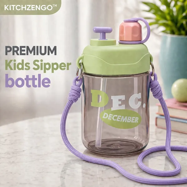 KITCHZENGO™_Kids_Sipper_Bottle_600ml_with_Straw_&_Carry_Strap_|_Leakproof_BPA_Free_Water_Bottle_for_School_Kids_|_One_Click_Open_Lid_|_Durable_Green_Water_Bottle_for_Boys_&_Girls