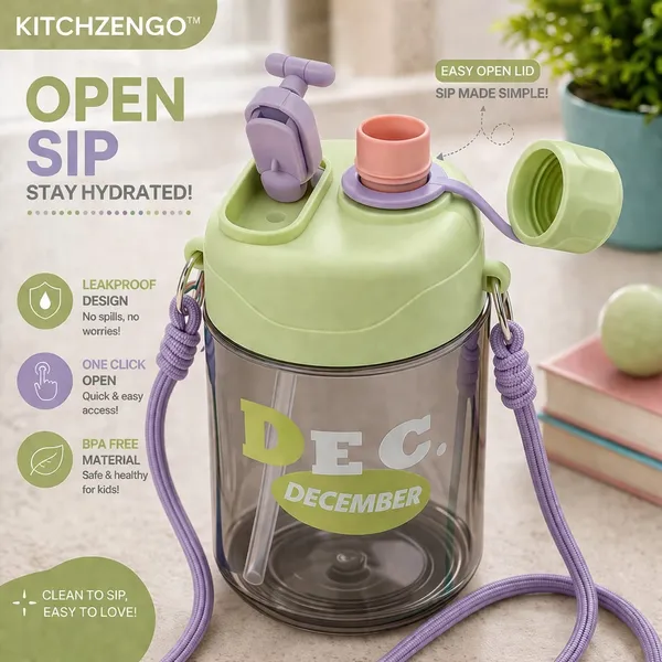 KITCHZENGO™_Kids_Sipper_Bottle_600ml_with_Straw_&_Carry_Strap_|_Leakproof_BPA_Free_Water_Bottle_for_School_Kids_|_One_Click_Open_Lid_|_Durable_Green_Water_Bottle_for_Boys_&_Girls