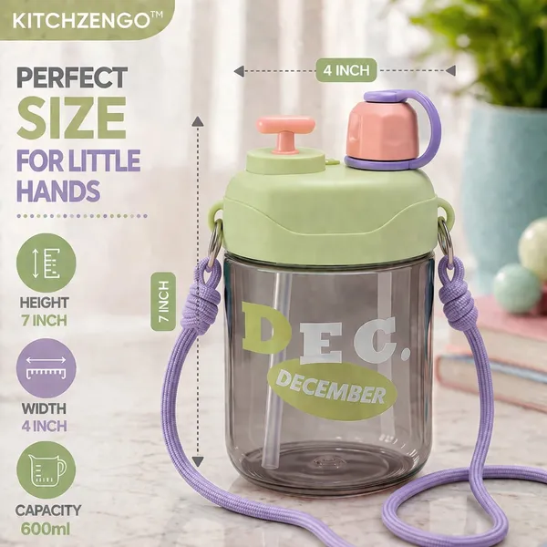 KITCHZENGO™_Kids_Sipper_Bottle_600ml_with_Straw_&_Carry_Strap_|_Leakproof_BPA_Free_Water_Bottle_for_School_Kids_|_One_Click_Open_Lid_|_Durable_Green_Water_Bottle_for_Boys_&_Girls