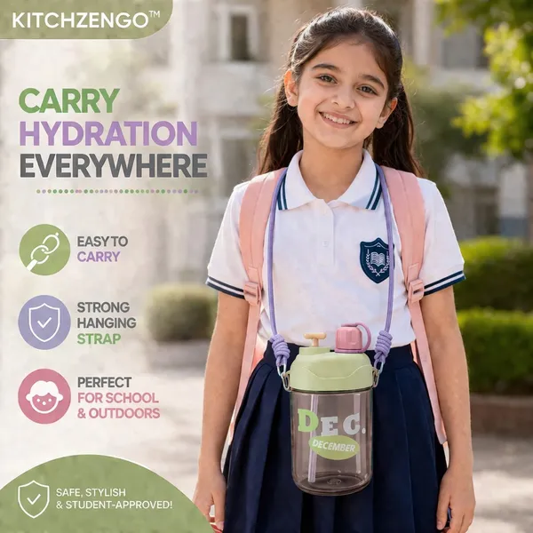 KITCHZENGO™_Kids_Sipper_Bottle_600ml_with_Straw_&_Carry_Strap_|_Leakproof_BPA_Free_Water_Bottle_for_School_Kids_|_One_Click_Open_Lid_|_Durable_Green_Water_Bottle_for_Boys_&_Girls