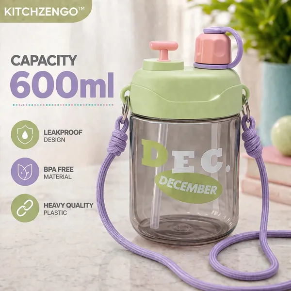 KITCHZENGO™_Kids_Sipper_Bottle_600ml_with_Straw_&_Carry_Strap_|_Leakproof_BPA_Free_Water_Bottle_for_School_Kids_|_One_Click_Open_Lid_|_Durable_Green_Water_Bottle_for_Boys_&_Girls
