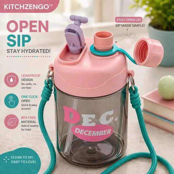 KITCHZENGO™_Kids_Water_Bottle_600ml_with_Straw_&_Strap_|_Leakproof_BPA_Free_Sipper_Bottle_for_Kids_|_School_Bottle_with_One_Click_Open_Lid_|_Cute_Pink_Drinking_Bottle_for_Boys_&_Girls