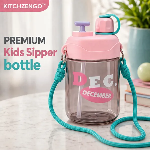 KITCHZENGO™_Kids_Water_Bottle_600ml_with_Straw_&_Strap_|_Leakproof_BPA_Free_Sipper_Bottle_for_Kids_|_School_Bottle_with_One_Click_Open_Lid_|_Cute_Pink_Drinking_Bottle_for_Boys_&_Girls