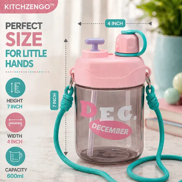 KITCHZENGO™_Kids_Water_Bottle_600ml_with_Straw_&_Strap_|_Leakproof_BPA_Free_Sipper_Bottle_for_Kids_|_School_Bottle_with_One_Click_Open_Lid_|_Cute_Pink_Drinking_Bottle_for_Boys_&_Girls