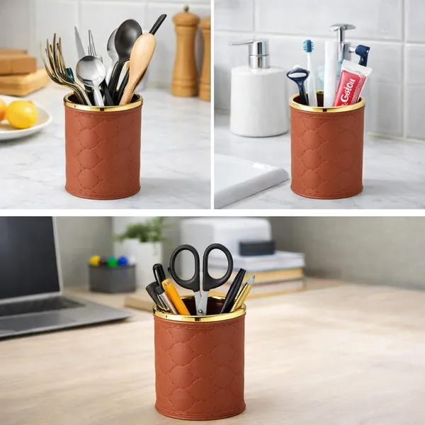 KITCHZENGO™_Premium_Plastic_Multipurpose_Holder_with_Gold_Rim_–_Makeup_Brush,_Toothbrush_&_Cutlery_Organizer_for_Bathroom,_Kitchen_&_Desk