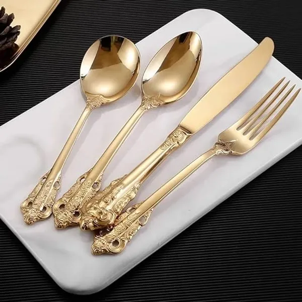Kitchzengo™_4_PCS_Luxury_Gold_Cutlery_Set_–_Stainless_Steel_Spoon,_Fork,_Knife_&_Teaspoon_|_Premium_Engraved_Dinnerware_Set