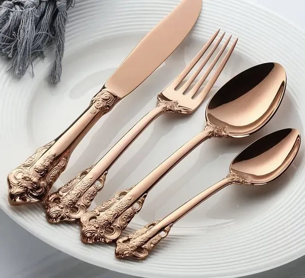 Kitchzengo™_4_PCS_Luxury_Rose_Gold_Cutlery_Set_–_Stainless_Steel_Spoon,_Fork,_Knife_&_Teaspoon_|_Elegant_Engraved_Dinner_Set