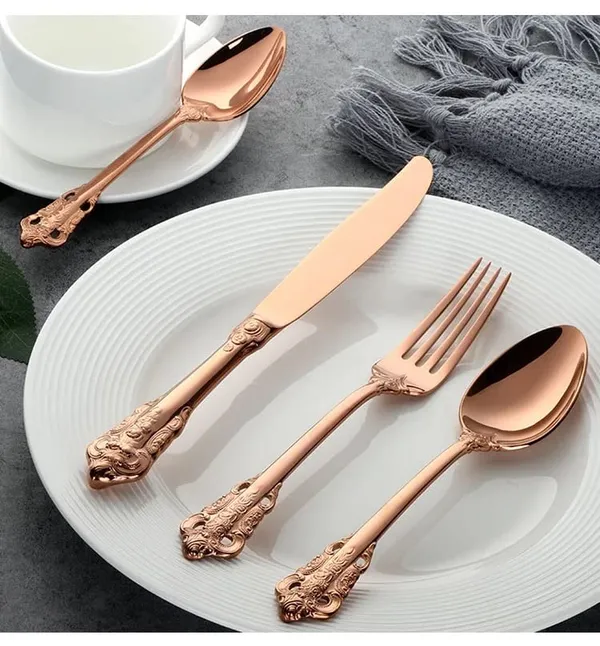 Kitchzengo™_4_PCS_Luxury_Rose_Gold_Cutlery_Set_–_Stainless_Steel_Spoon,_Fork,_Knife_&_Teaspoon_|_Elegant_Engraved_Dinner_Set