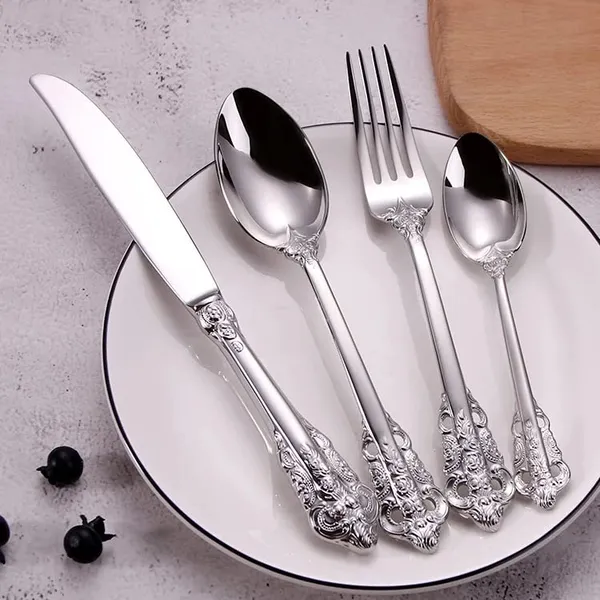 Kitchzengo™_4_PCS_Luxury_Silver_Cutlery_Set_–_Stainless_Steel_Spoon,_Fork,_Knife_&_Teaspoon_|_Royal_Engraved_Dinner_Set_with_Mirror_Finish