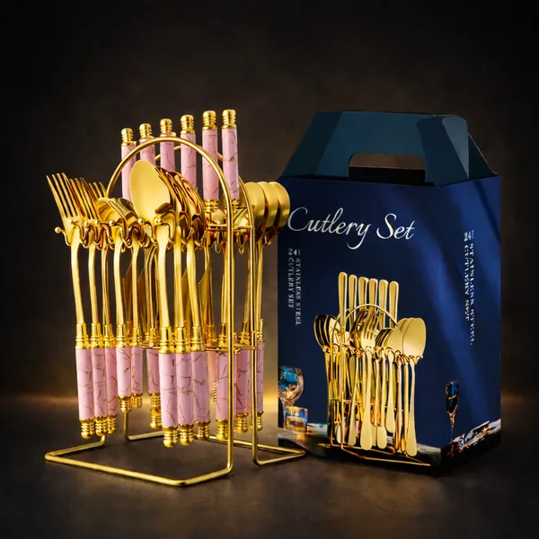 Kitchzengo™_Luxury_Pink_Marble_Handle_Gold_Cutlery_Set_with_Stand_–_24_Pcs_Stainless_Steel_Spoon_Fork_Knife_Set,_Elegant_Dining_Tableware_for_Home,_Kitchen_&_Gift